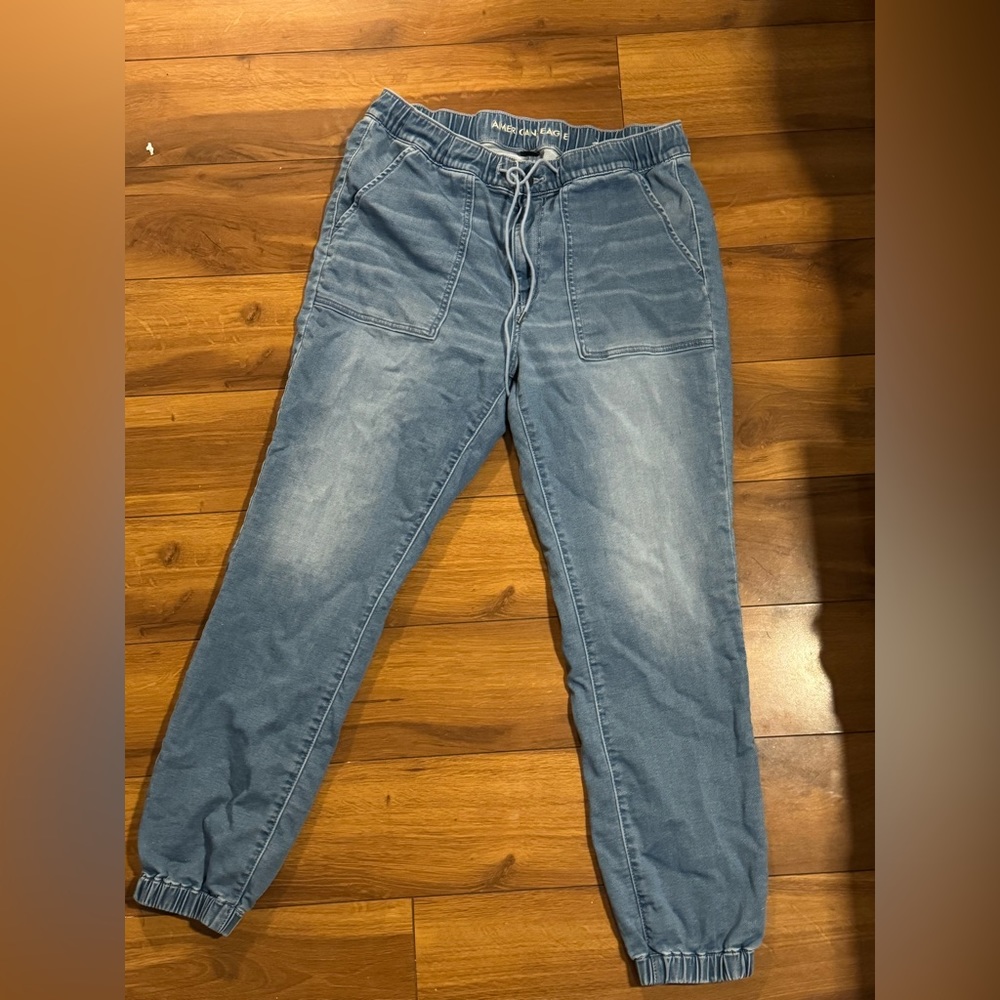 High waist drawstring jeans with elastic cut-off jogger pants